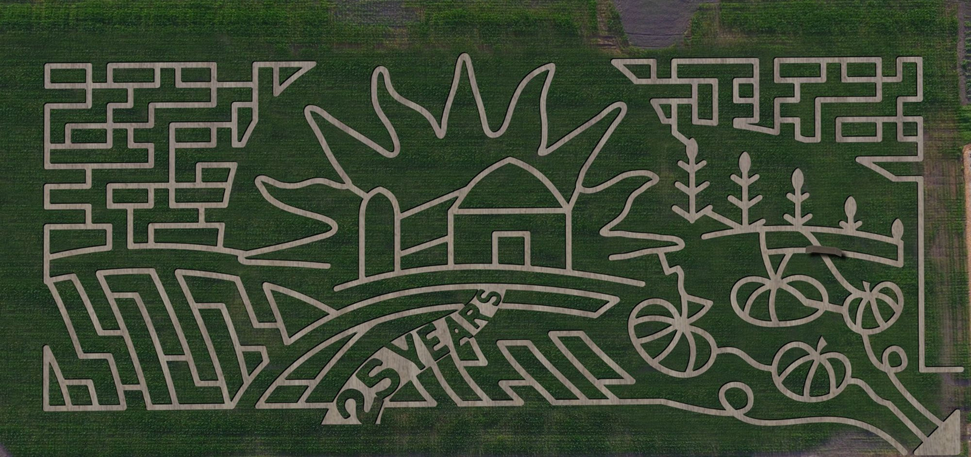 Maze in a field with a sun and house design, featuring the word 'Riverside'.